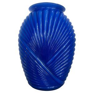 Vintage Glass Vase Blue Swirl Ribbed Decorative Art Deco Boho Contemporary‎ 10"